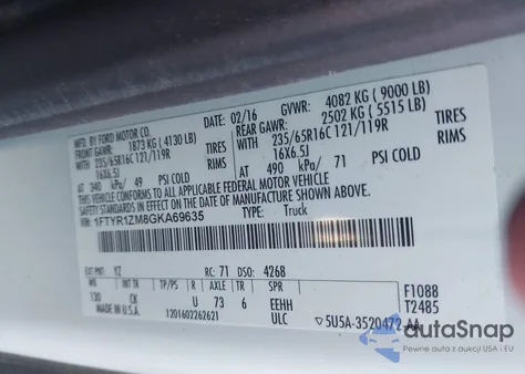 2016 Ford Transit-250 из США, поврежденный, VIN 1FTYR1ZM8GKA69635